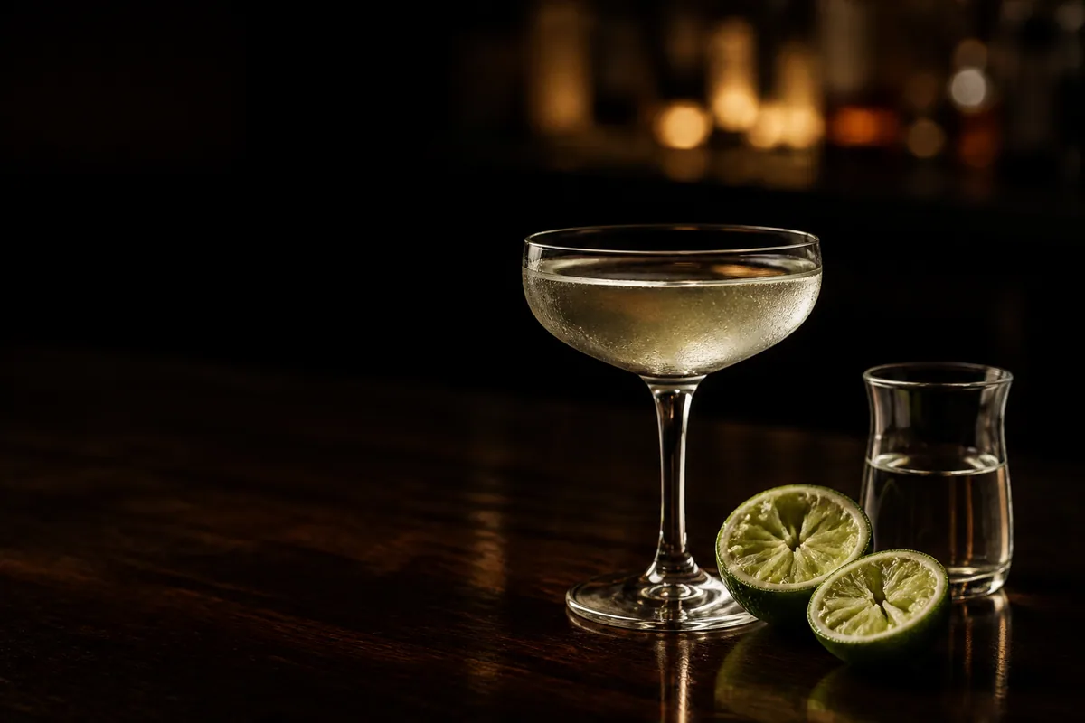 Daiquiri i coupeglas bredvid pressade limehalvor