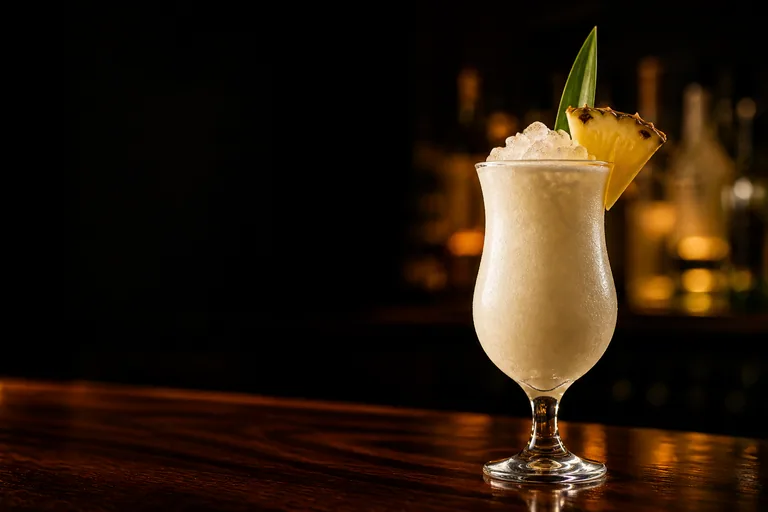 Piña Colada i hurricaneglas med ananasklyfta och krossis