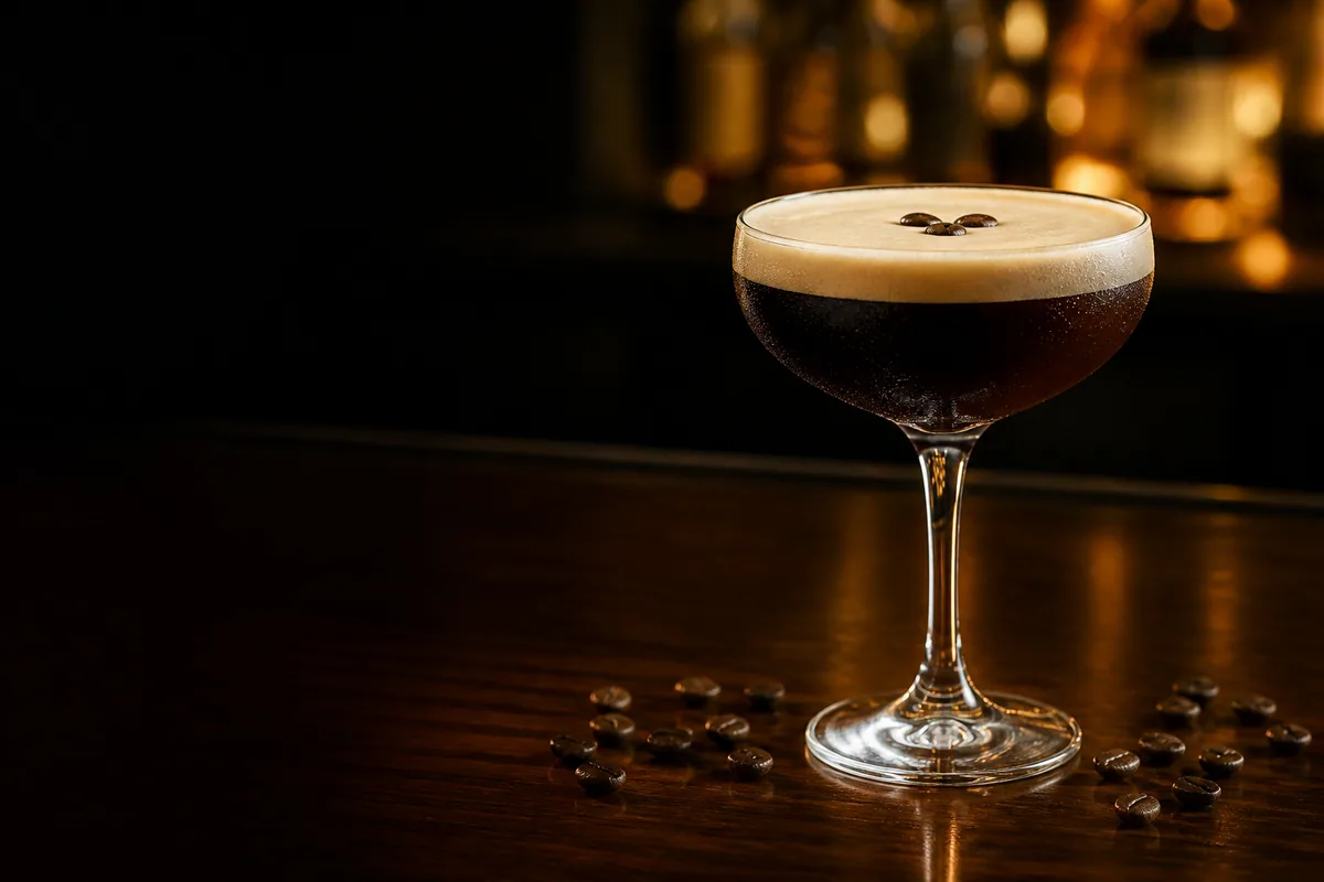 Espresso Martini i coupeglas med tre kaffebönor på skummet