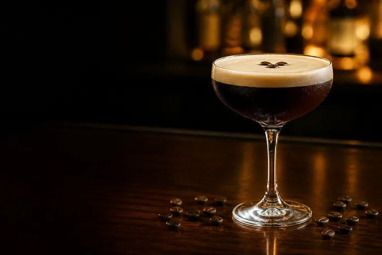 Espresso Martini i coupeglas med tre kaffebönor på skummet
