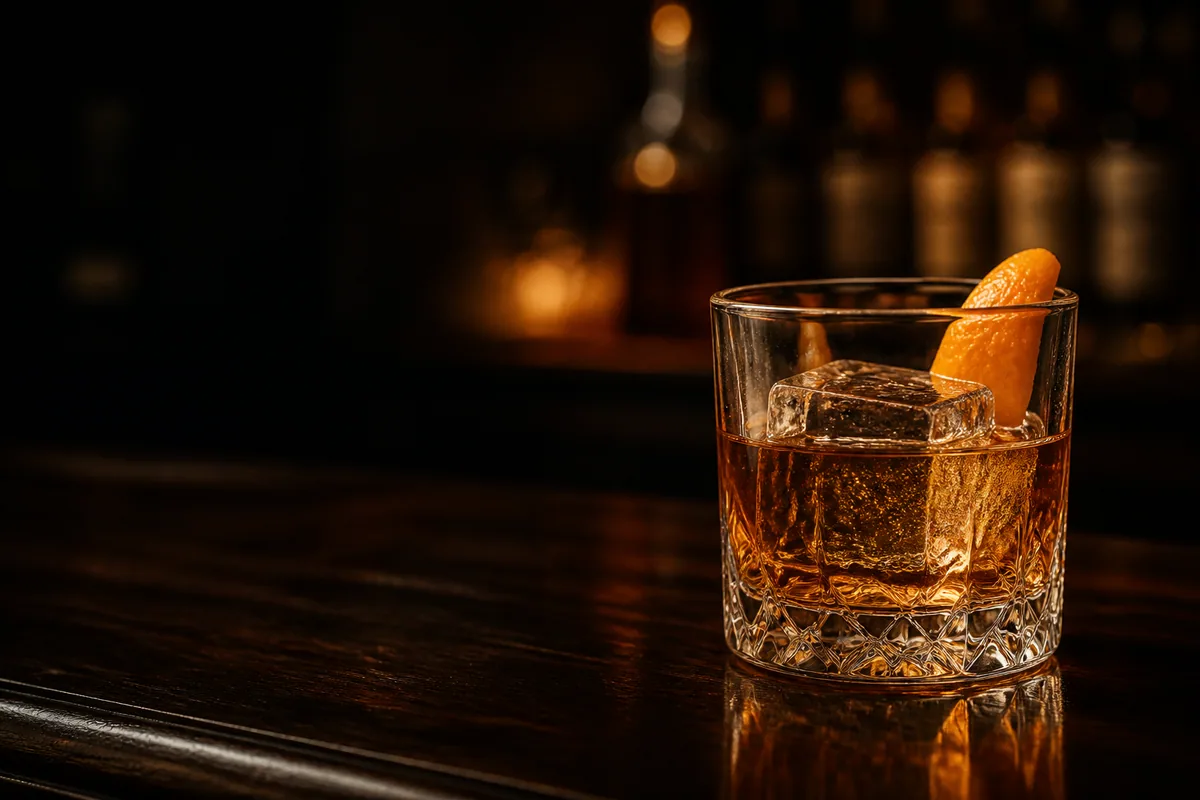 Old Fashioned i lowballglas med stor isbit och apelsinzest