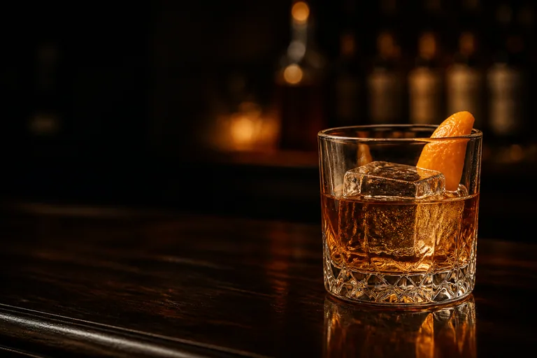 Old Fashioned i lowballglas med stor isbit och apelsinzest