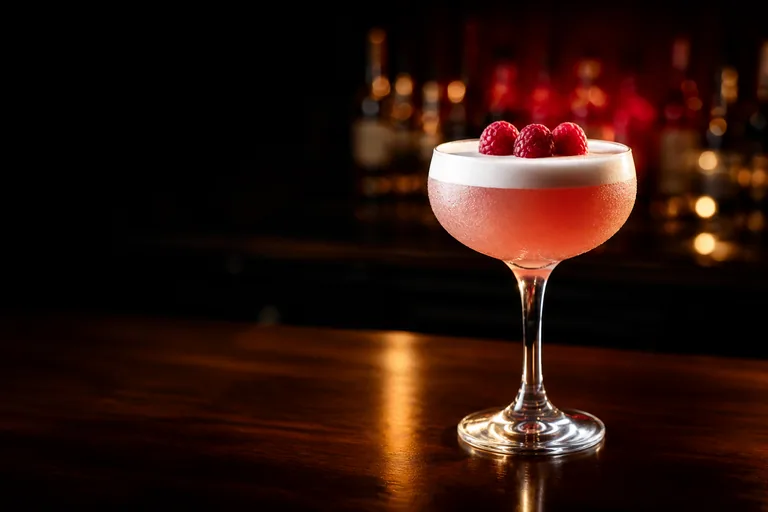 Rosa drink i coupeglas med hallon och skum