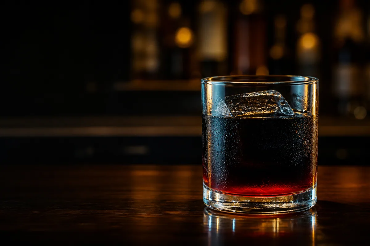 Mörk drink i lowballglas med blodröd sirap i botten