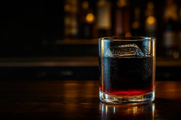Mörk drink i lowballglas med blodröd sirap i botten