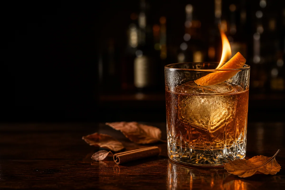 Bärnstensfärgad whiskeydrink med apelsinzest i varmt höstljus