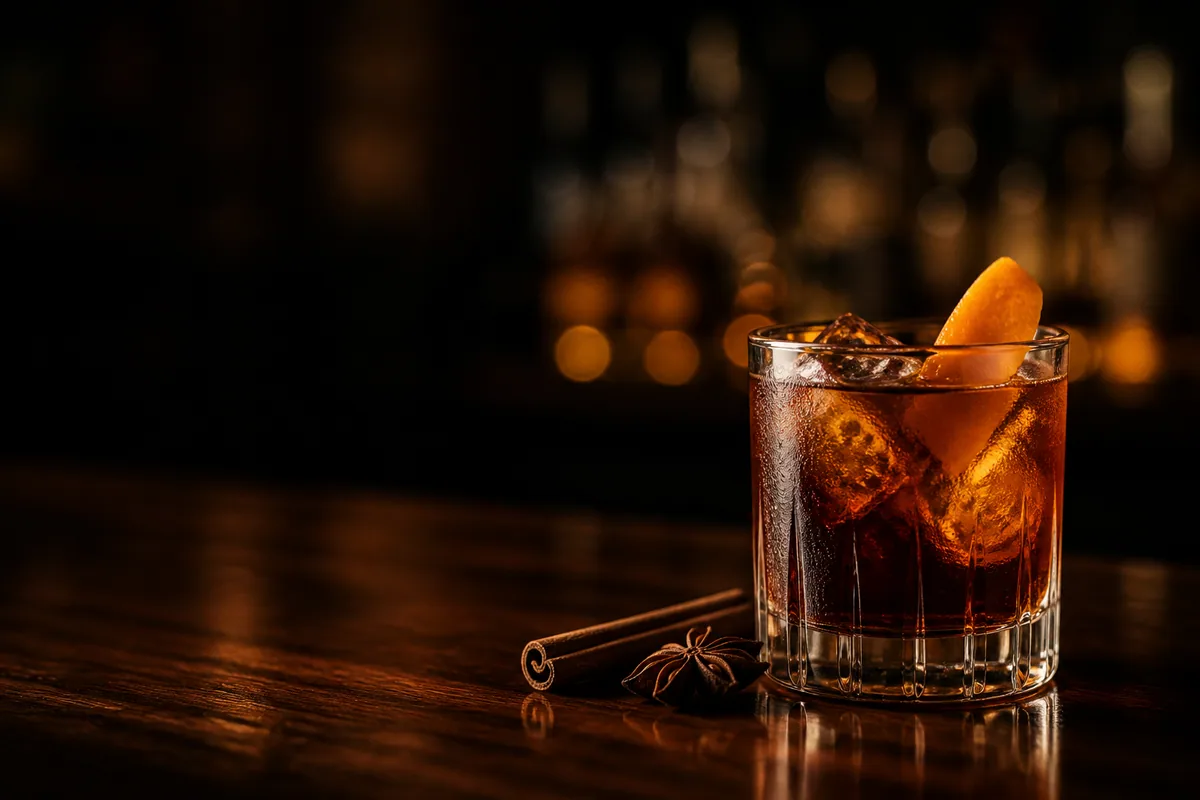 Mörk juldrink med apelsinskal och kryddor i varmt ljus