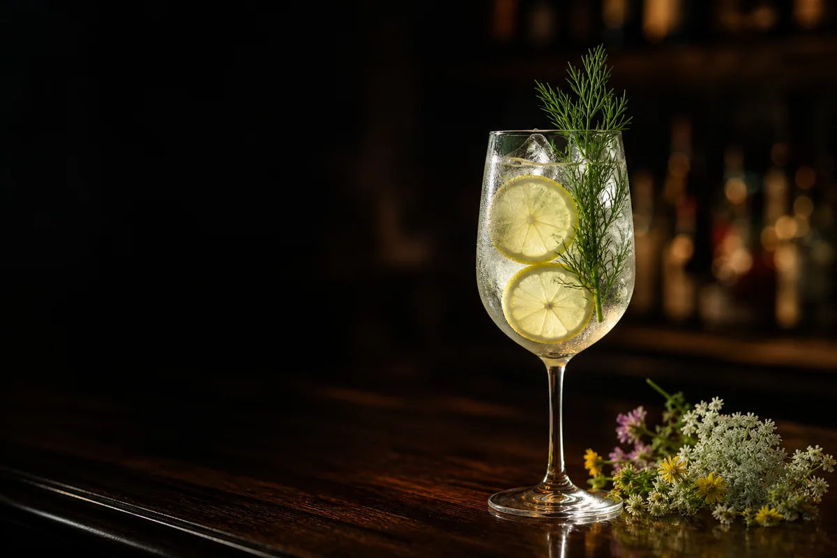 Gindrink med citron och blommor på ett dukat sommarbord