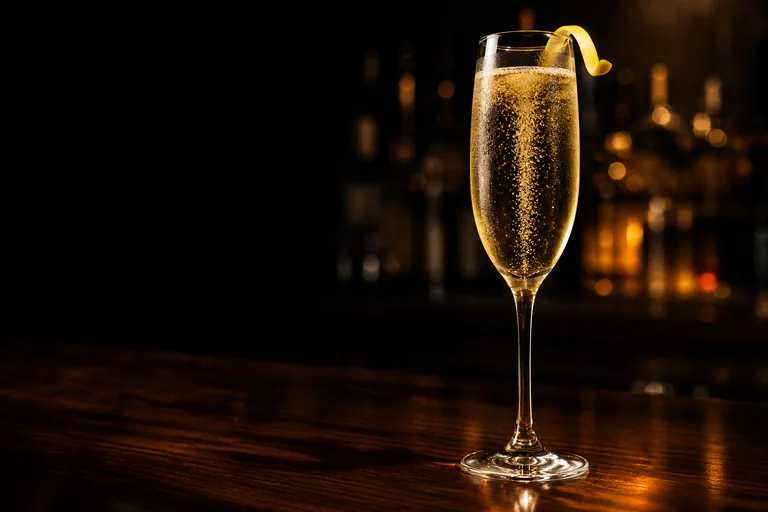 Champagnedrink i flöjtglas med gyllene ljus och bubblor