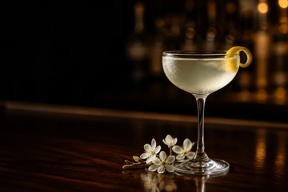 Ljus gindrink med citron och blommor i vårljus